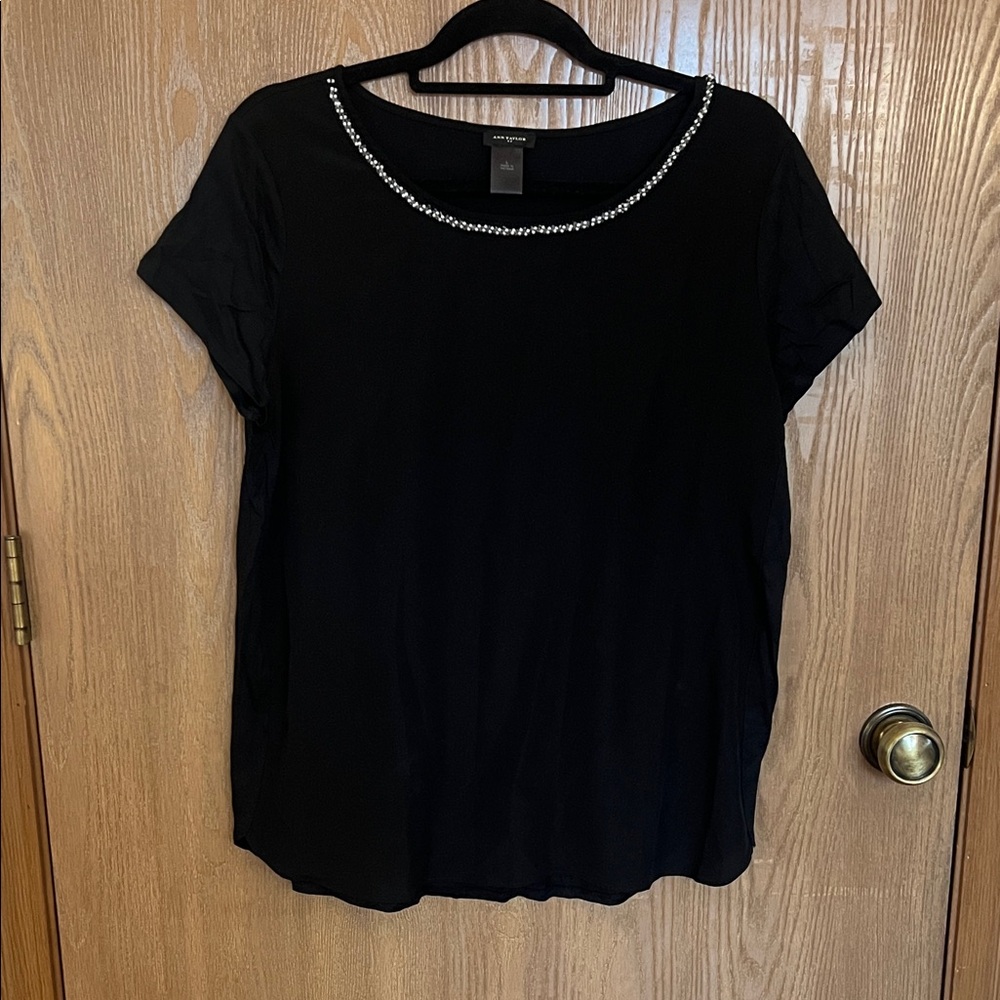 Ann Taylor Black Short Sleeve Top with Embellished Neckline